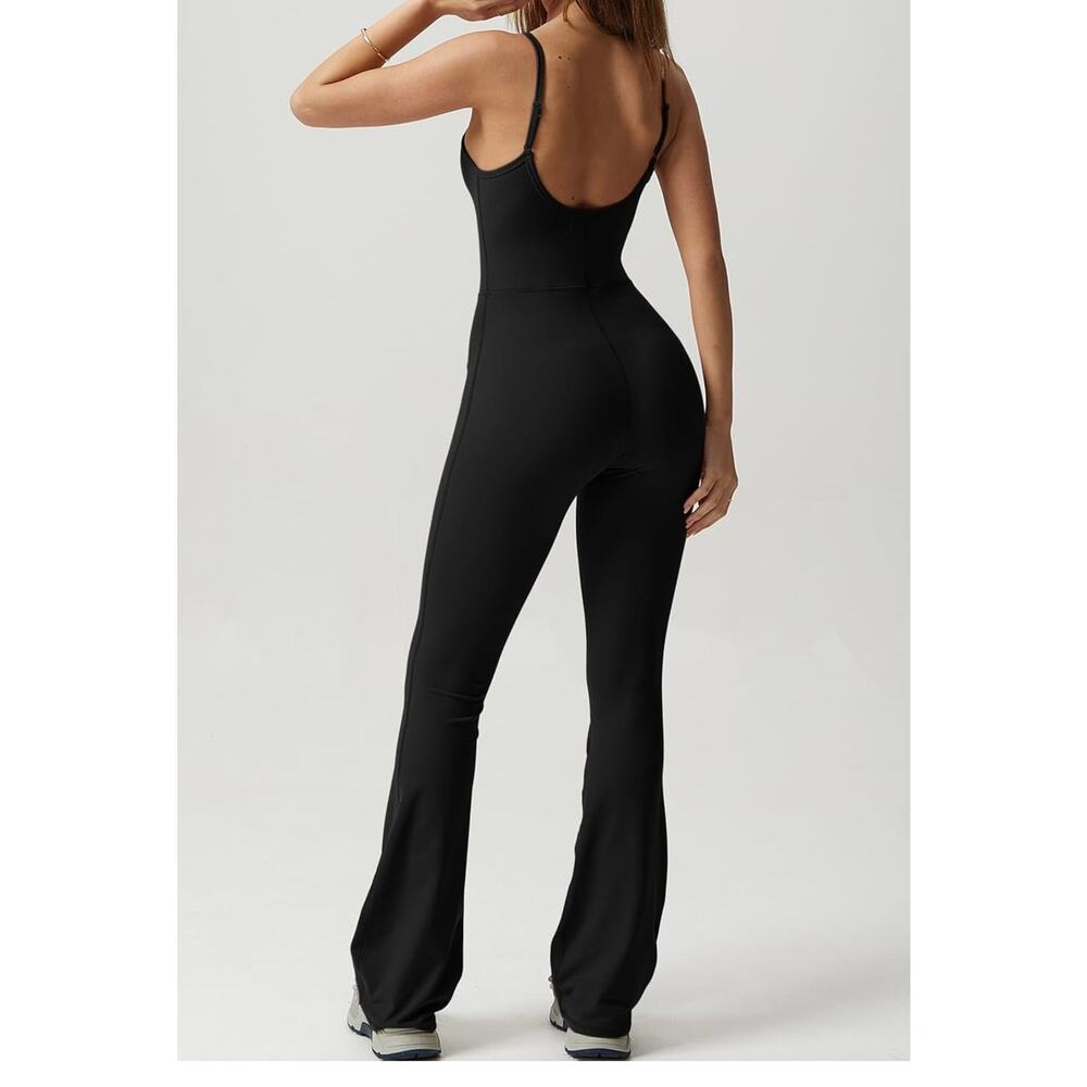 Qinsen Black Flare Yoga Sleeveless Jumpsuit Unitard Pilates Onesie Athleisure M - Picture 3 of 8